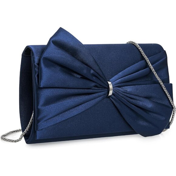 ⚡ Women\'s Elegant Evening Blue Satin Bow Shoulder Chain Strap Clutch Handbag